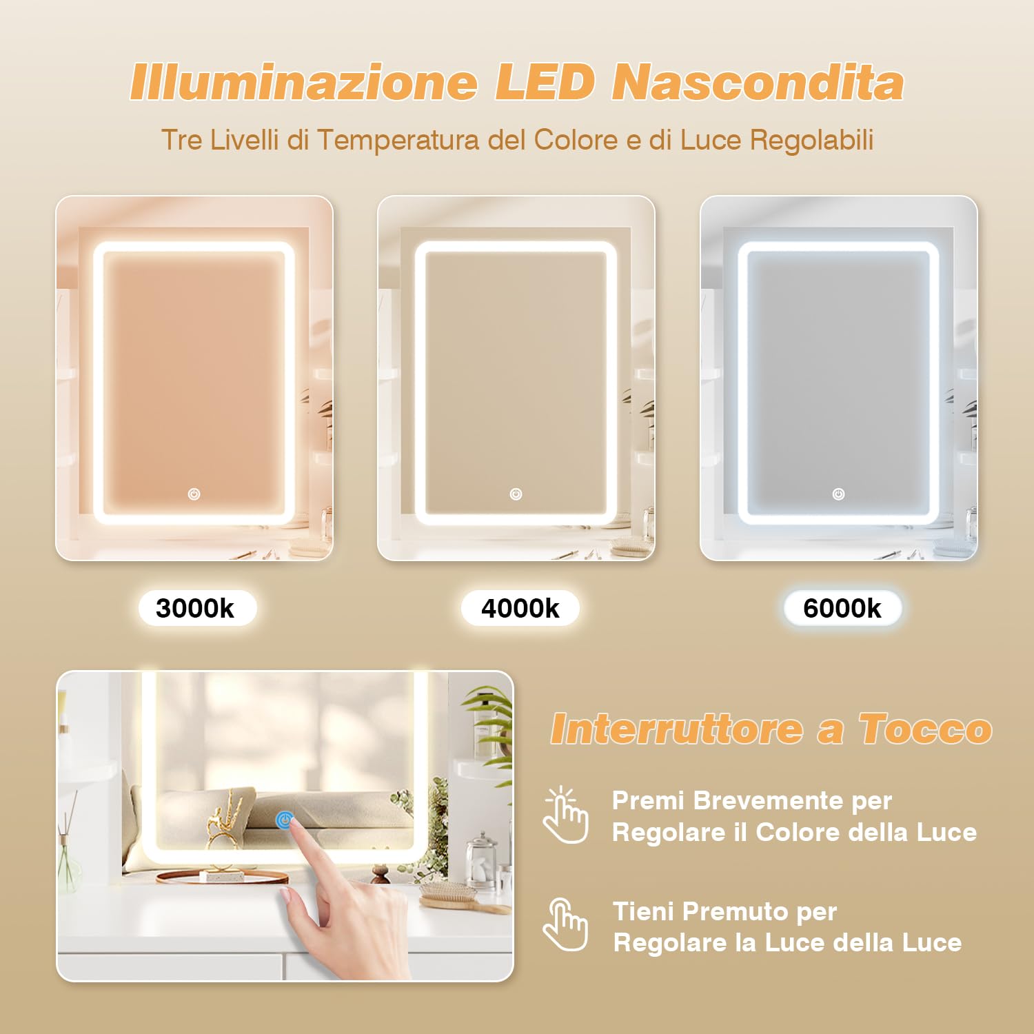 Airfish Toeletta da Trucco con Luci LED,Luminosità Regolabile,Postazione Trucco,Tavolo da Trucco con Specchio,2 Cassetti,Ripiani Aperti,Moderno,Bianco