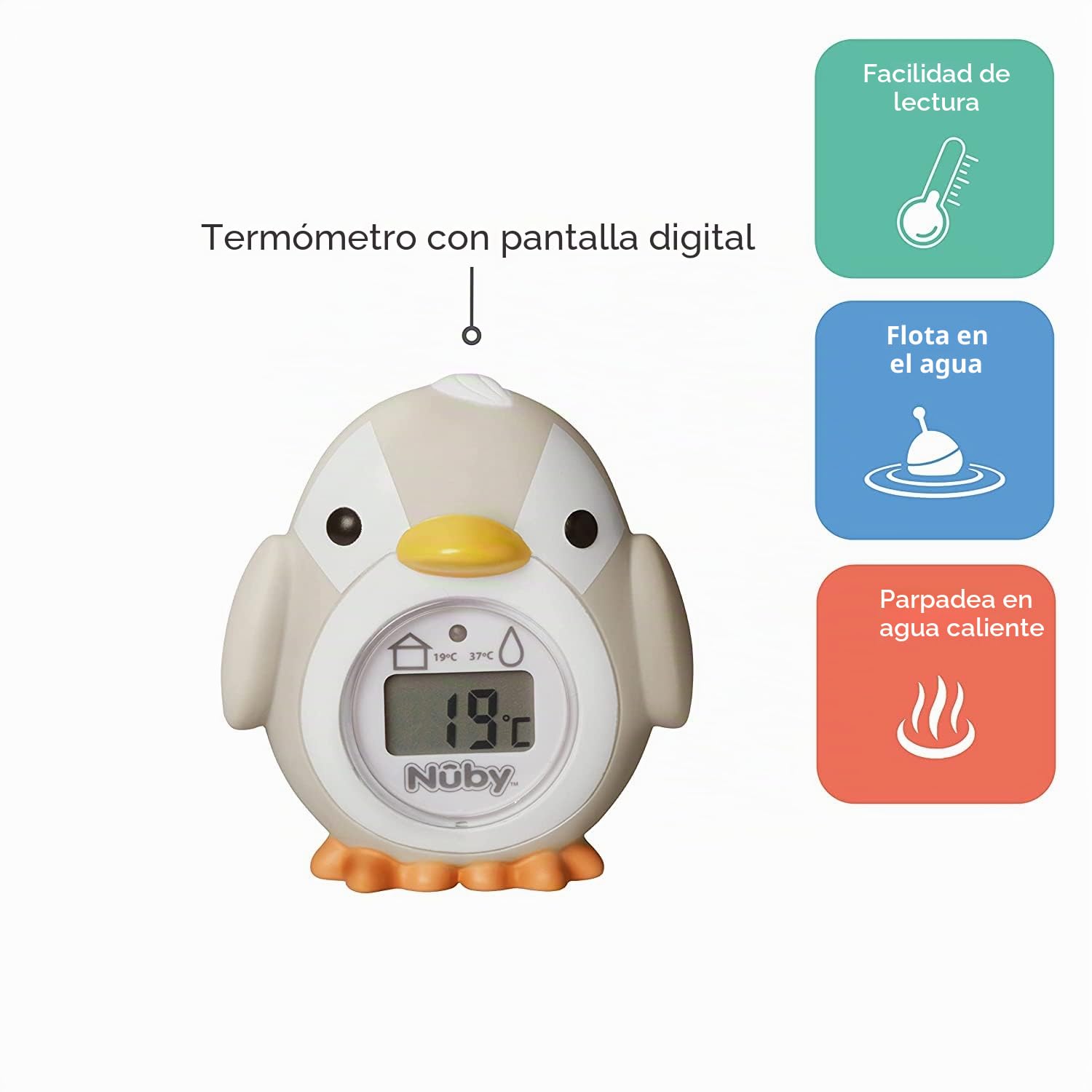 Nuby Termómetro de baño para bebé con forma de pingüino | Pantalla de fácil lectura | Sin BPA | Gris | Apto desde 0 meses