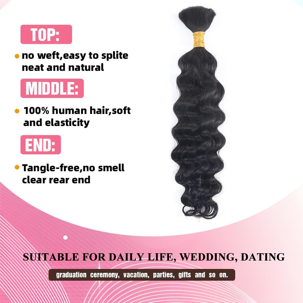 Boho Braids Human Hair Extensions 50g 20 Inch Deep Wave Bulk No Weft Bundles 12A Unprocessed Knotless Bohemian Curly Human Braiding Hair Extension for Women 1 Bundle/Pack Natural Black Colour - Image 2