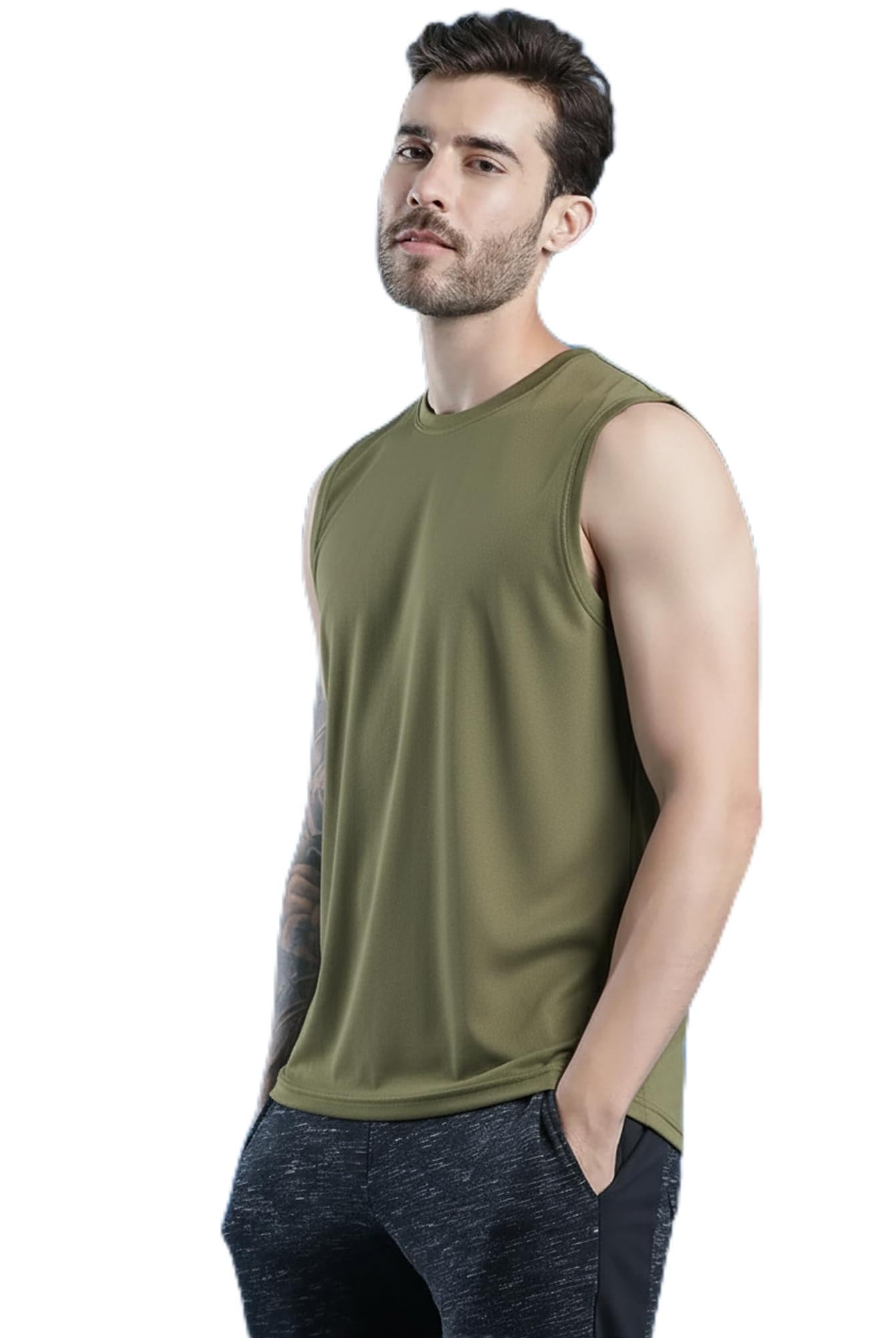 Adorbs Men's Sleeveless Polyester Active Wear T-Shirt (Side-epp-694-l_Olive_L) Pack of 1-image-5