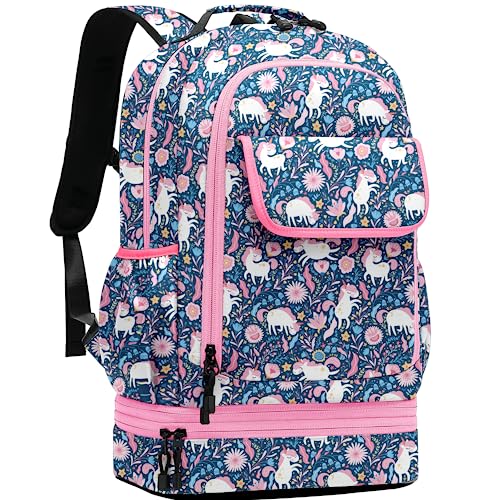 Image of Leaper Cute Unicorn Laptop Backpack Water-resistant Double Deck Insulated Lunch Bag Satchel Dark Blue