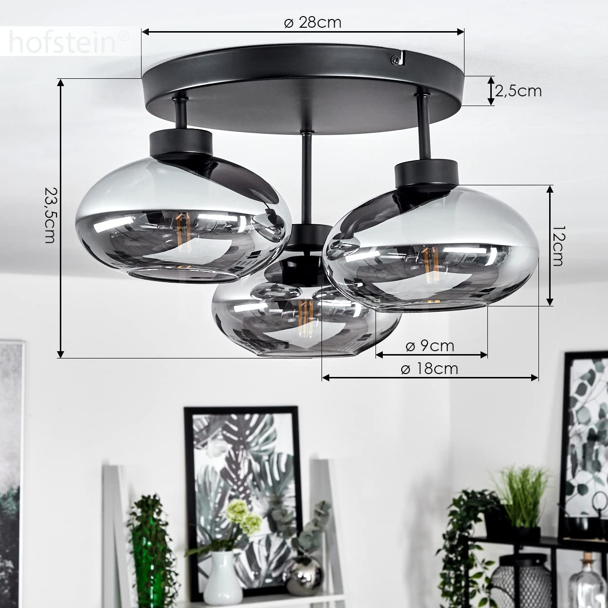 Lampada da soffitto Haikala, lampada da soffitto in metallo/vetro in nero/fumo, lampada retrò/vintage, 3 x E27, paralumi in vetro fumé, senza lampadina/e