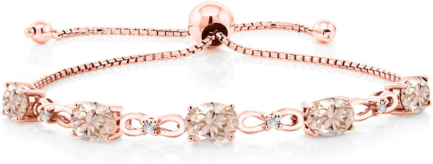 Gem Stone King 7X5MM Oval Cut Gemstone Birthstone and Accent Lab Grown Diamond Tennis Bracelet For Women In 18K Rose Gold Plated Silver | Fully Adjustable Up to 9 Inch