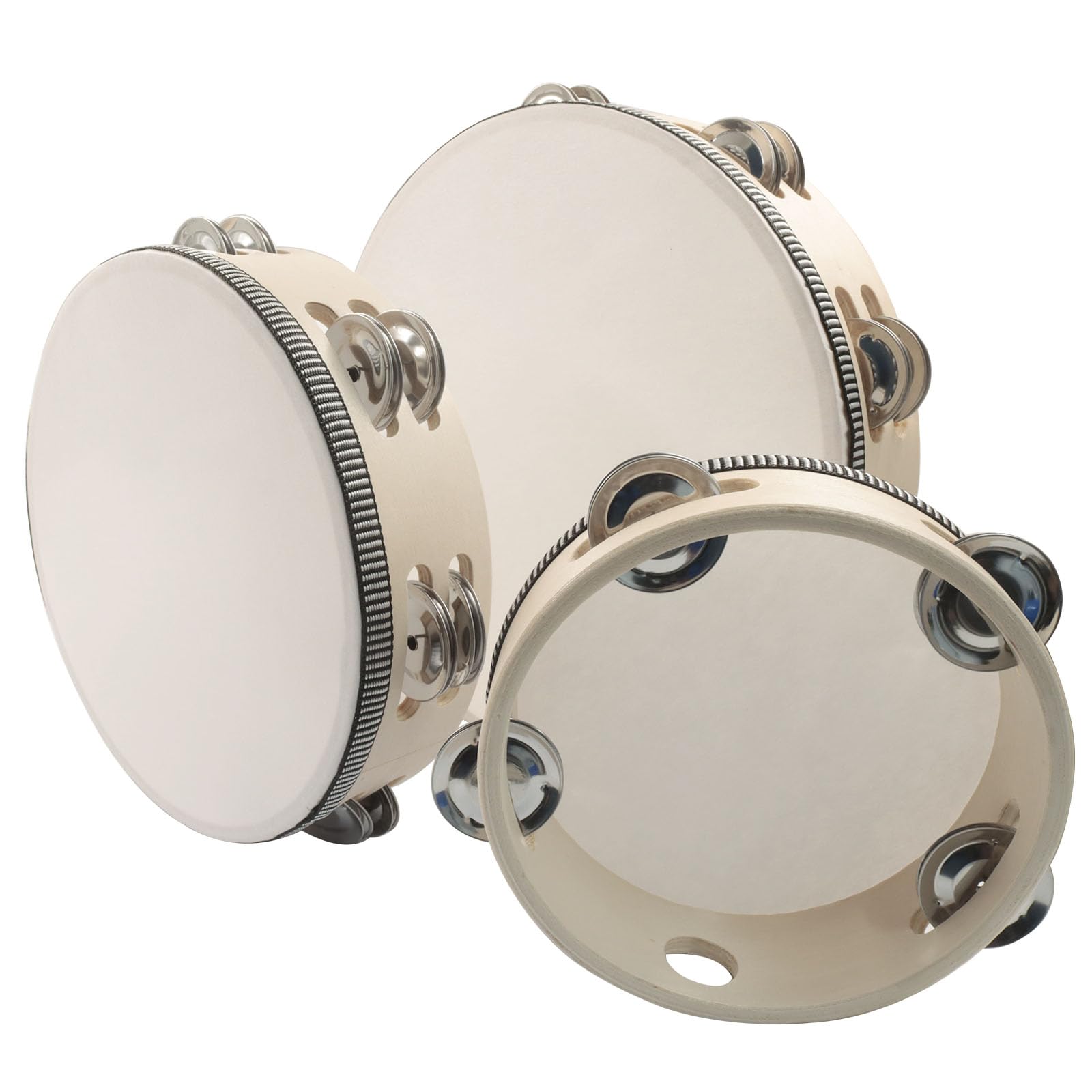 Hordion Lot de 3 tambourins professionnels en bois pour adultes, 15,2 cm, 20,3 cm, 25,4 cm | Tambour à main à une rangée avec jingles en métal, instrument de musique à percussion pour église, karaoké, fête