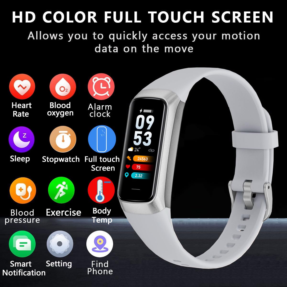 Rastreador de fitness con monitor de frecuencia cardíaca de oxígeno en sangre 24/7 y sueño, IP68 impermeable, pantalla táctil AMOLED de 1.10 pulgadas, contador de pasos, seguimiento de