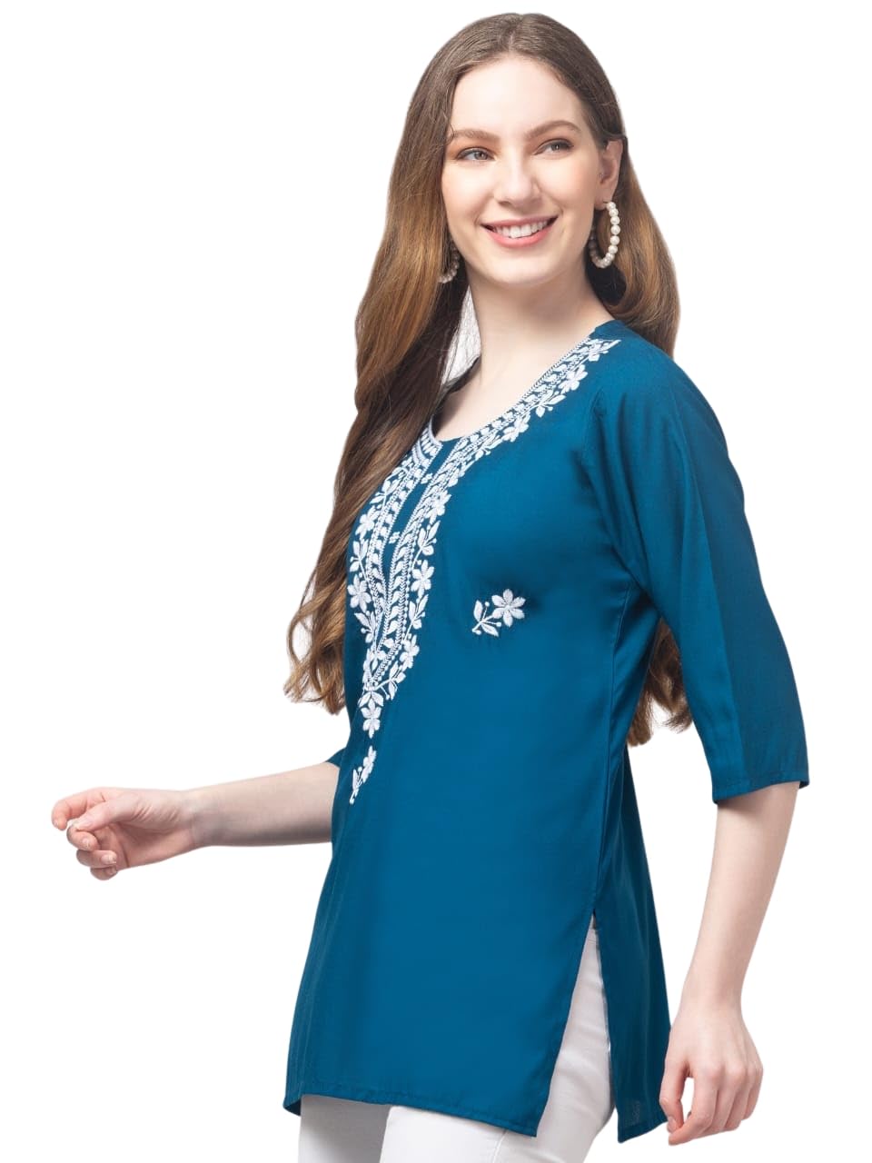 alhuma creatio n ALHUMA Creation 'Women's Rayon Embroidered Short Kurti Top – 3/4 Sleeve | Round Neck | Ethnic Floral Design |-picture-12