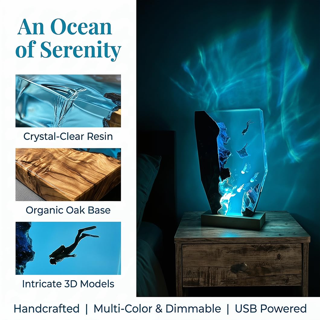 Tiefseetaucher Resin & Massivholz Lampe – USB-dimmbare Nachtleuchte mit Mantarochen & Quallen 3D-Dekoration, handgefertigtes Epoxidharz-Kunstobjekt für Schlafzimmer, Wohnzimmer, Büro (22*13*3.5cm)