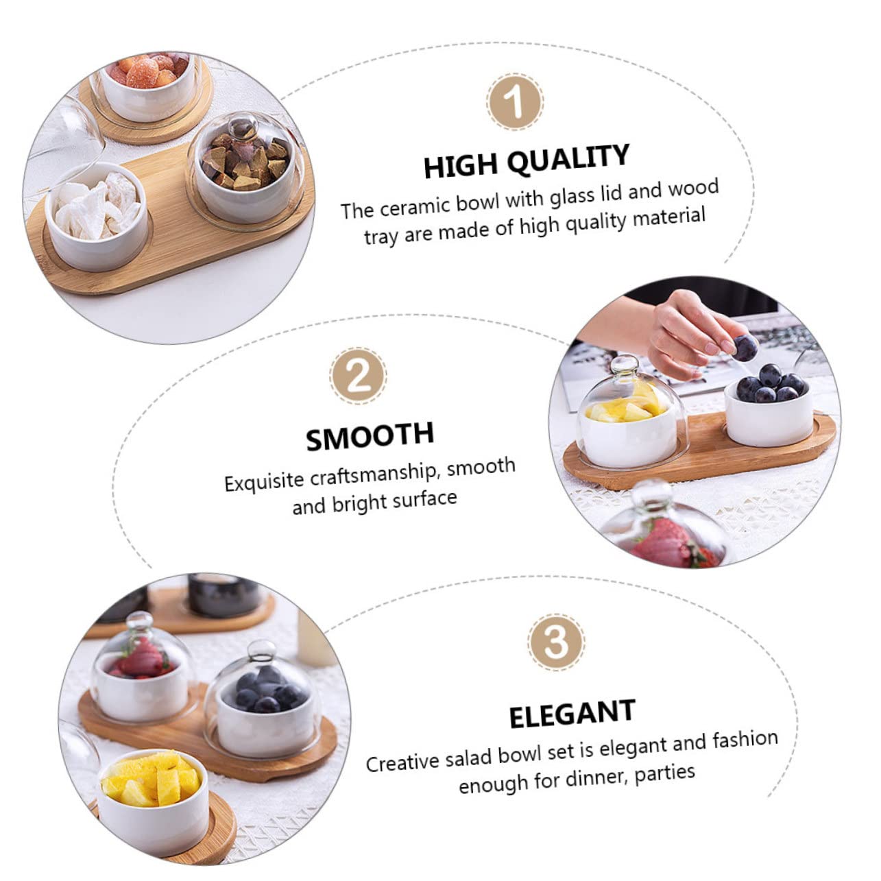 Mikikit 2 Juegos Bol Tapa de Vidrio Transparente y Bandeja Cuenco para Postres Ensaladas y Frutas para Hogar Restaurante y Hotel