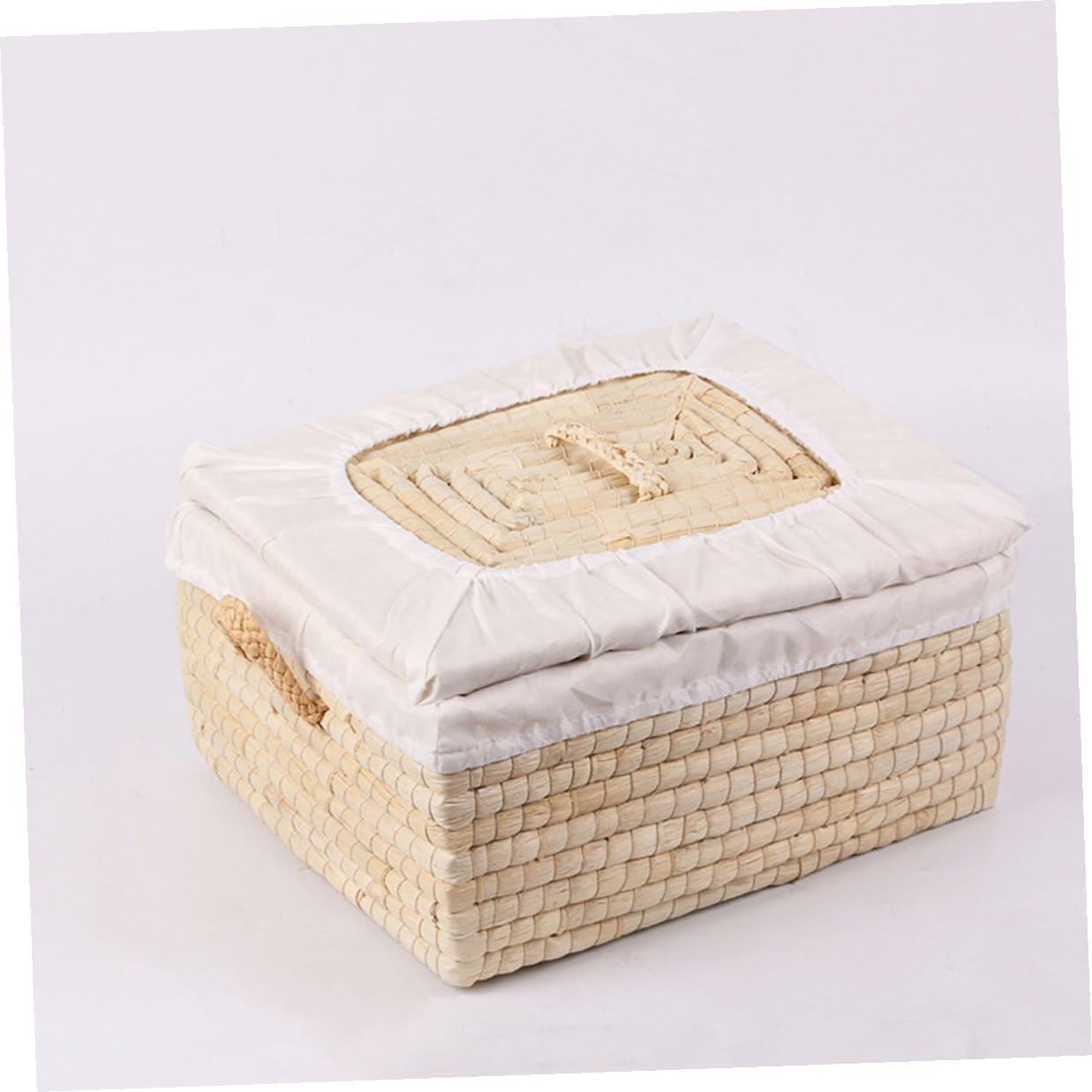 Woven Straw Bread Basket with Lid 25x30x14cm, Square Bun Basket for 5-10 Buns, Household Kitchen Organizer and Food Storage Tray