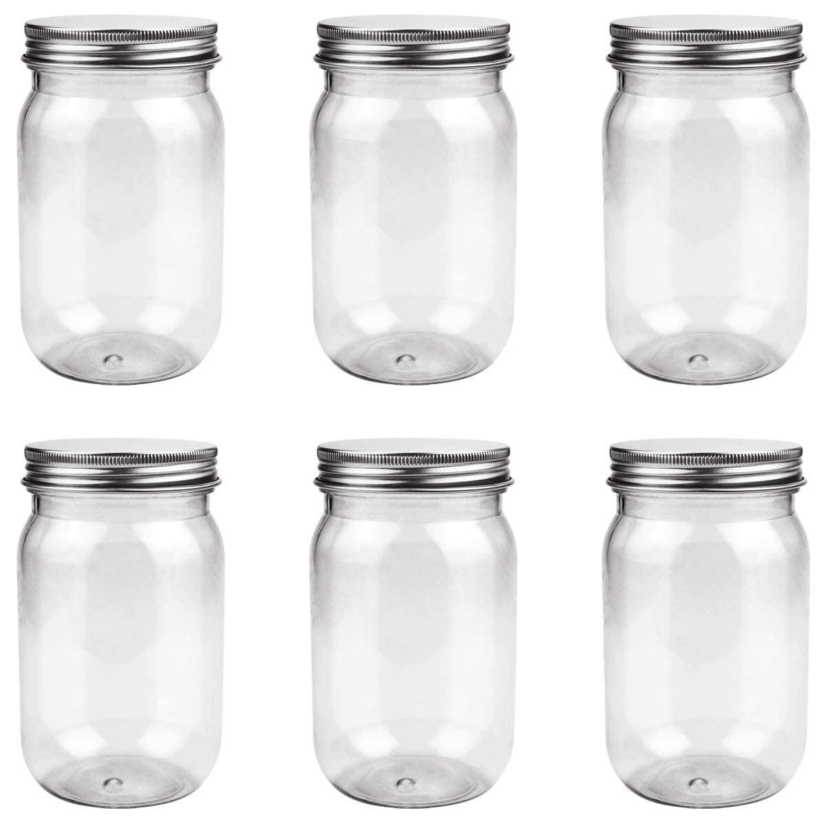 FIREBOOMOON 6 Pack 16 Ounce Clear Plastic Mason Jars Containers With Screw Sealing Metal Tinplate Lids,Refillable Empty PET Plastic Slime Candy Storage Jars Containers for Home Kitchen Art Craft
