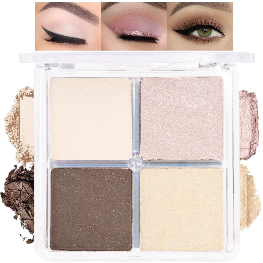 4 Colors Beige Nude Brown Pink Yellow Eye Shadow Powder Palette Makeup, Neutral Travel Matte Shimmer Creme QuadsEyeshadow Palette for Women Highly