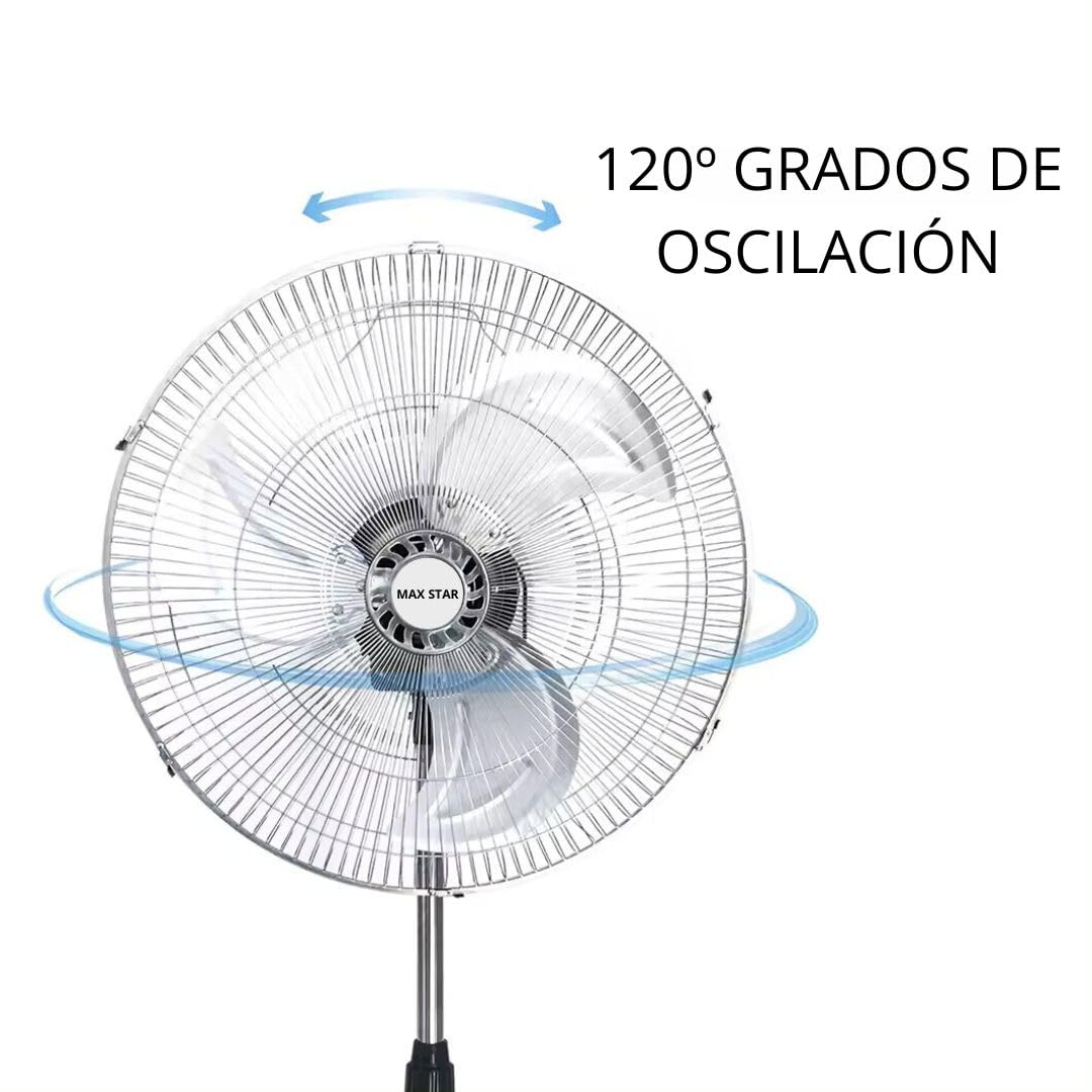 Max Star Ventilador de Pie 18" Potente 70 W Oscilante 3 Velocidades Altura Ajustable 110-130 cm Alta Velocidad Rejilla de Metal Motor Silencio Facil Limpieza