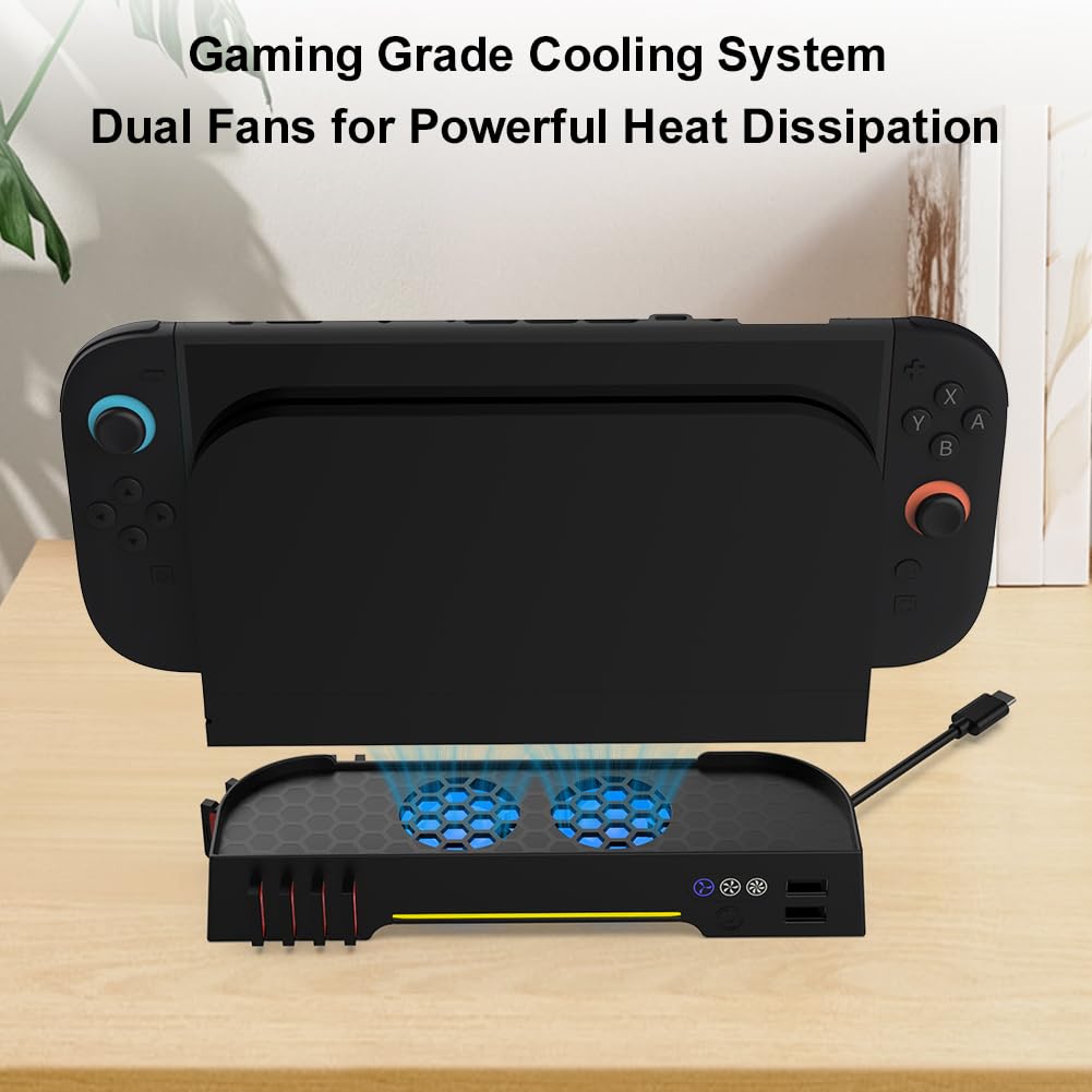 Soporte de refrigeración portátil para Switch2 con ventiladores RGB y almacenamiento para tarjetas de juego