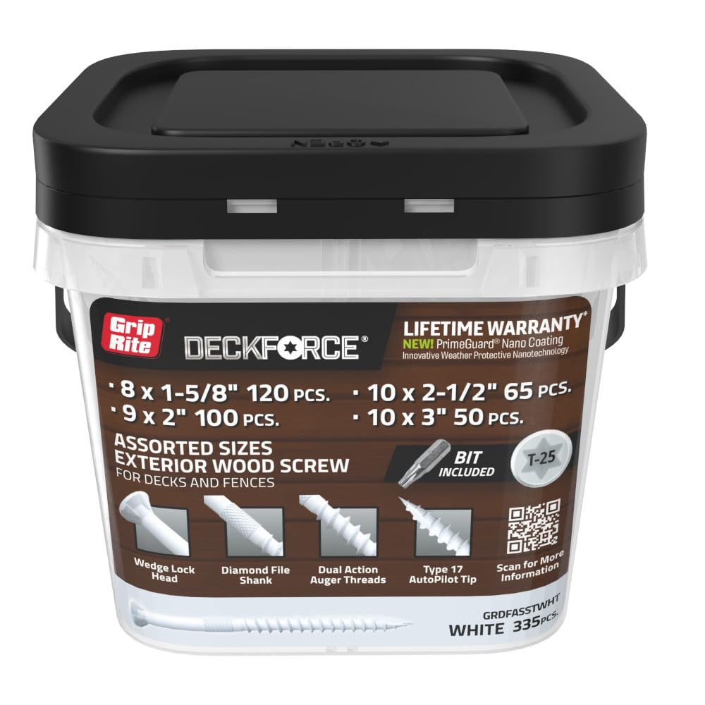 Grip-Rite GRDFASSTWHT DeckForce Wood Screws, 335 Count, Alloy Steel, Torx Drive, Wedgelock Head, Nano Coated, White