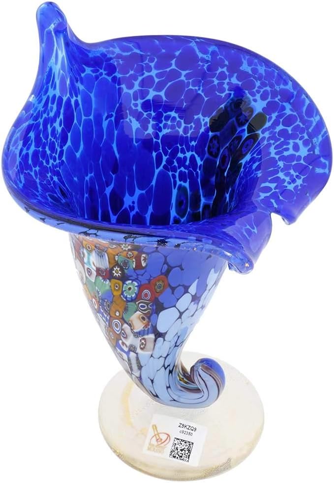 Glass Of Venice Murano Glass Millefiori Horn of Plenty Vase - Blue