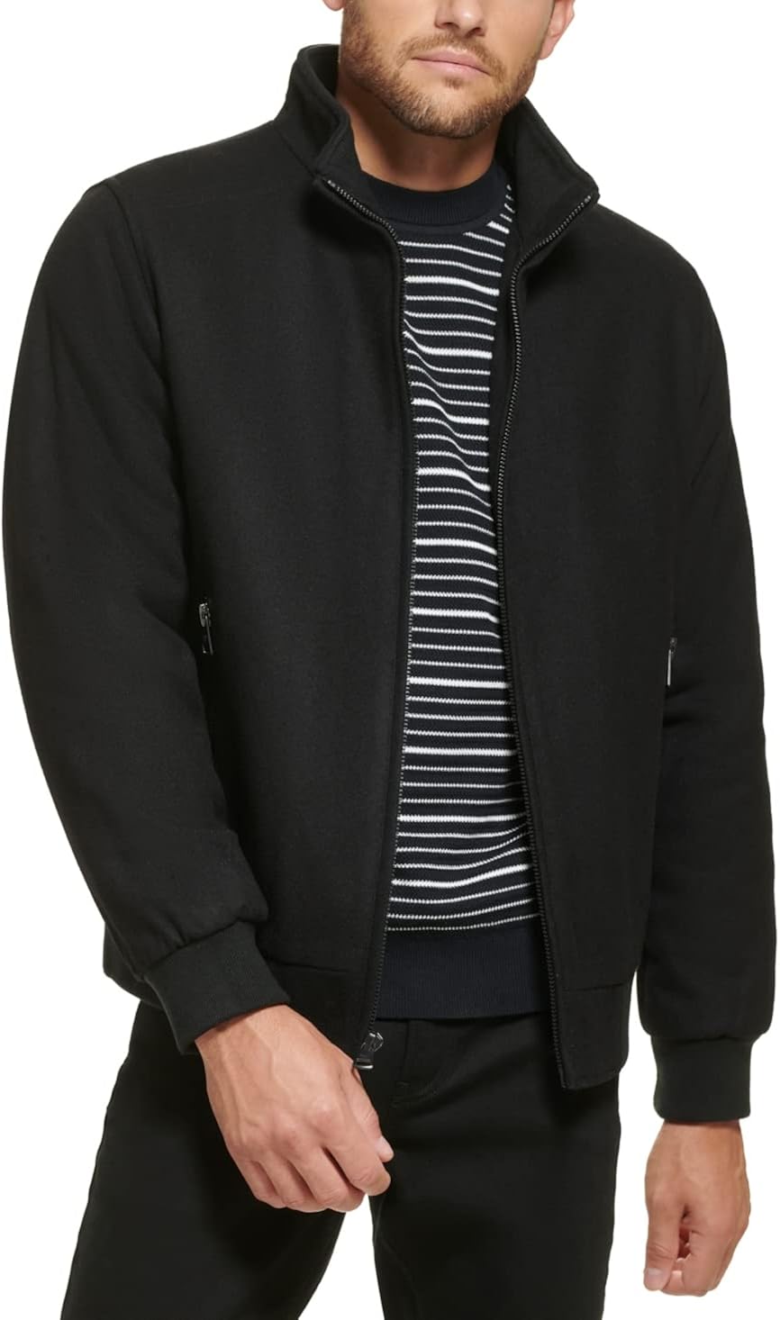 Calvin Klein Men's Wool Bomber Jacket With Knit Trim Black Size Medium