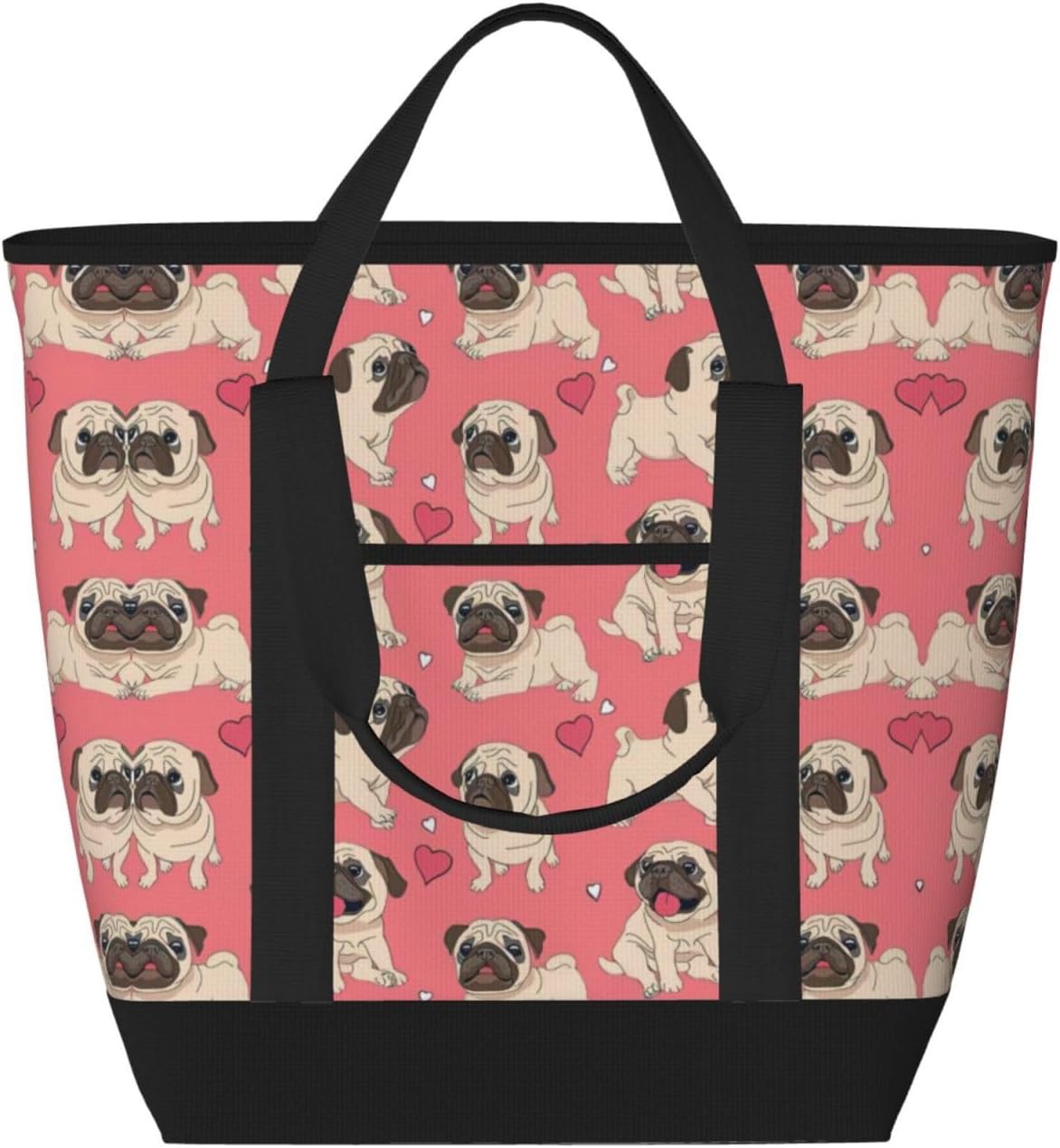 Pug Dog Print Large Cooler Bag Tote Bag,Reusable Grocery Bag,Lunch Box Bag, For Picnic Beach Camping