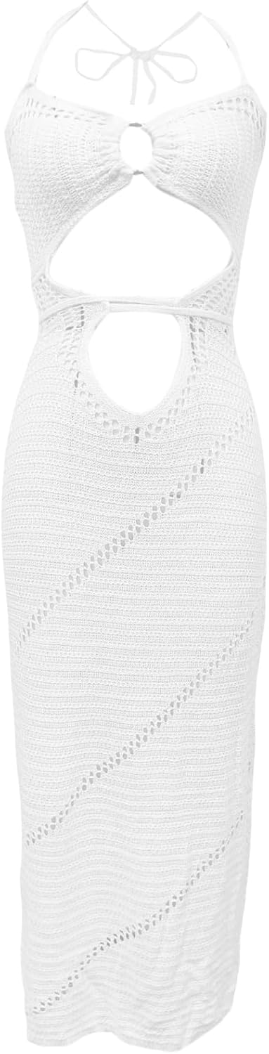Women Crochet Knit Bodycon Maxi Dress Sexy Cut Out Front Lace up O Ring Open Back Long Dresses - Image 5
