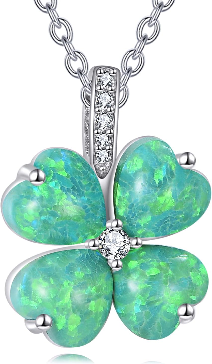 Four Leaf Clover Necklace with Green Heart Opal,925 Sterling Silver Shamrock Necklaces for Women Her Jewelry Gifts for St. Patrick's Day Christmas Birthday