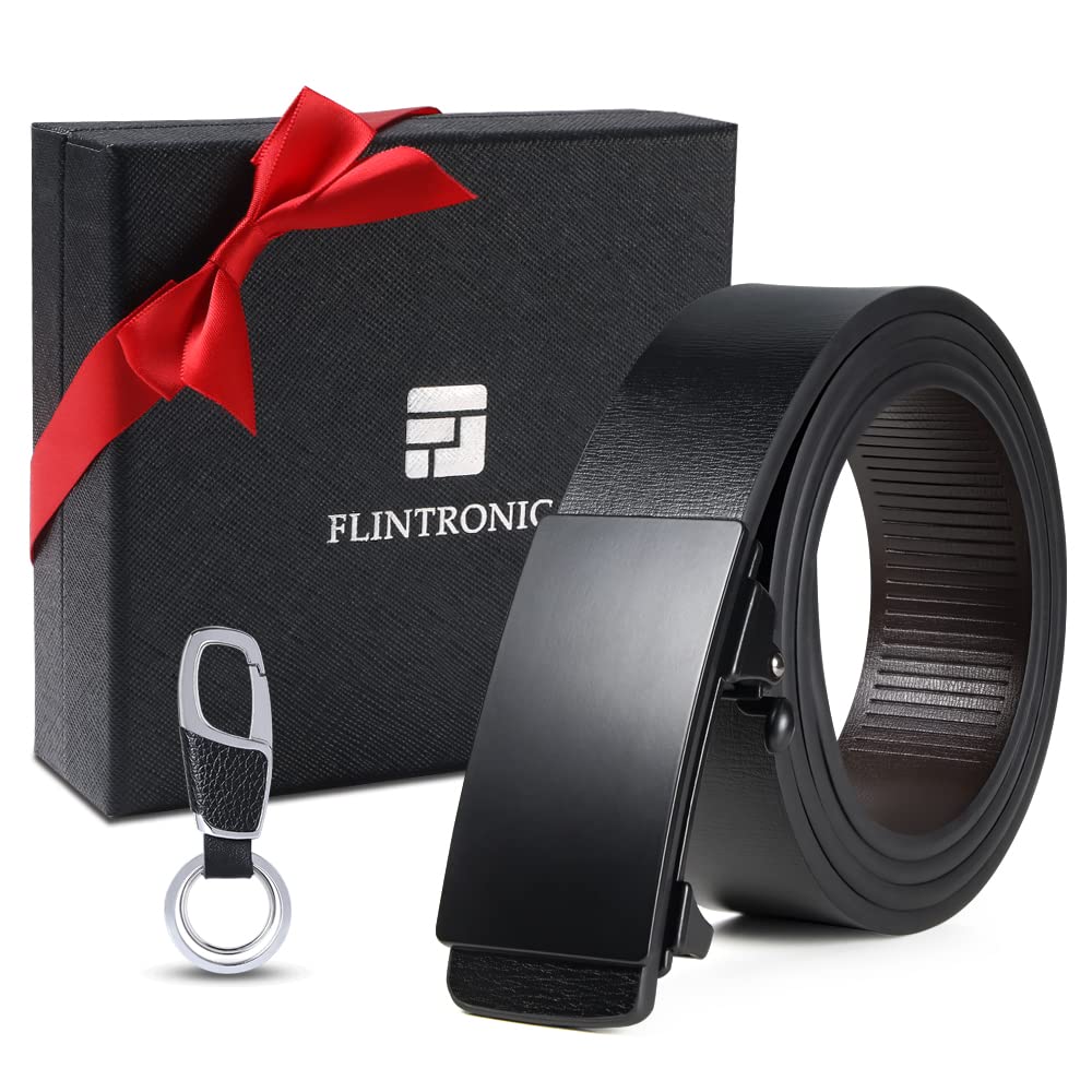 flintronic ® Cintura da Uomo in Pelle con Fibbia Automatica, Moda Cintura a Cricchetto 3.5cm * 130cm, con Portachiavi e Confezione Regalo