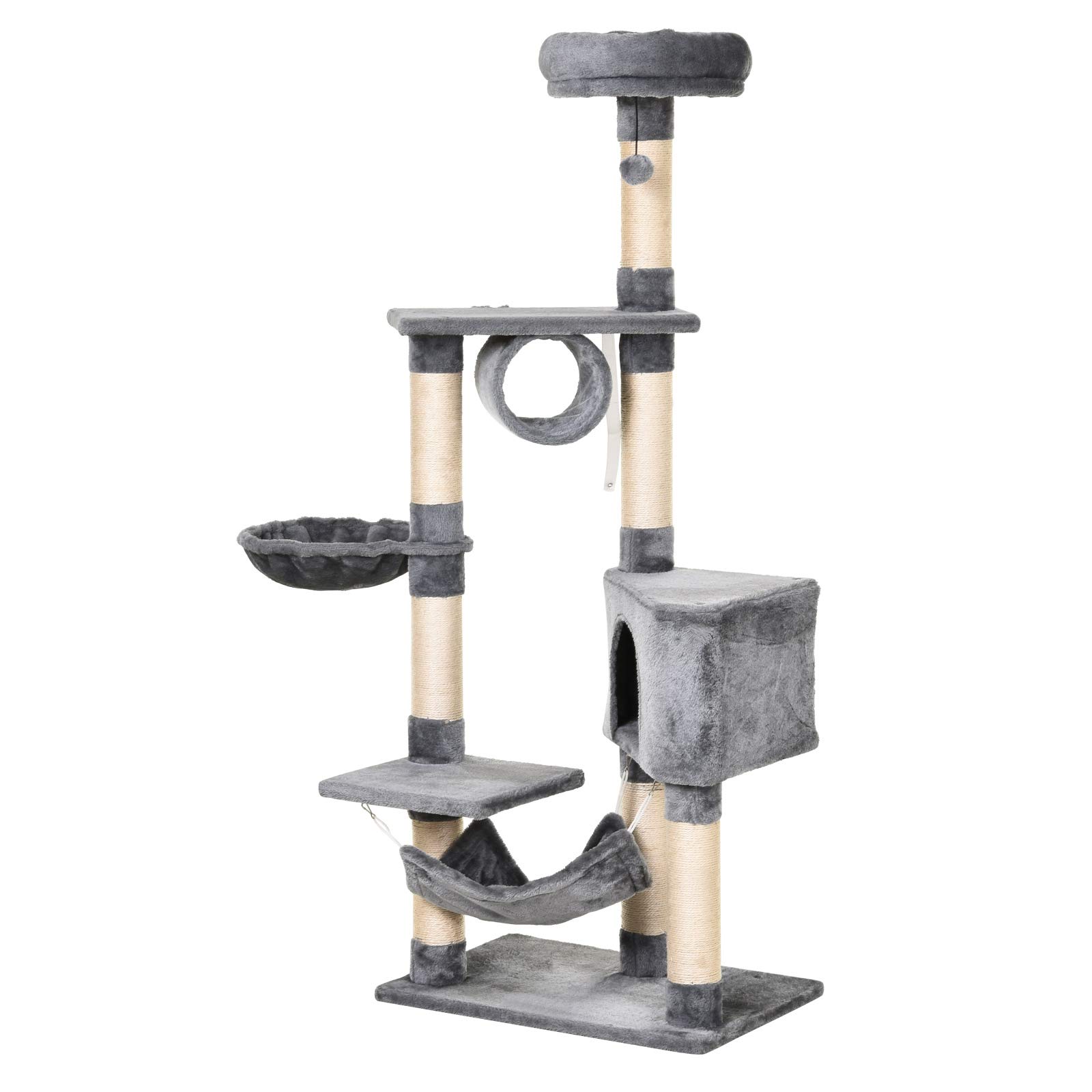 PawHut Árbol Rascador para Gatos 154 cm de Altura Torre 60x40x154 cm Gris | Plataformas, Túnel, Hamaca, Postes de Rascado