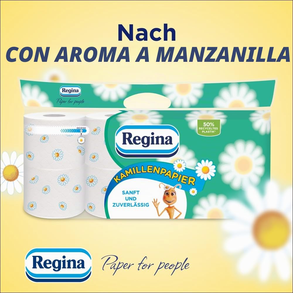 Regina Papel higiénico de 3 capas de manzanilla, paquete de 48 rollos (3 paquetes de 16 individuales), resistente y fiable, con un toque de manzanilla, papel certificado FSC