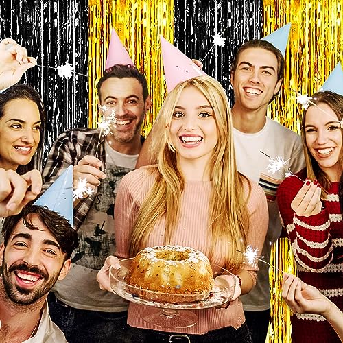 Image of 3 Pack Black Gold Foil Fringe Curtain Backdrop, 3.28Ft x 9.8Ft Metallic Tinsel Foil Fringe Streamer Curtains for Photo Booth, Christmas Day, Thanksgiving, Wedding, New Year Party Decorations