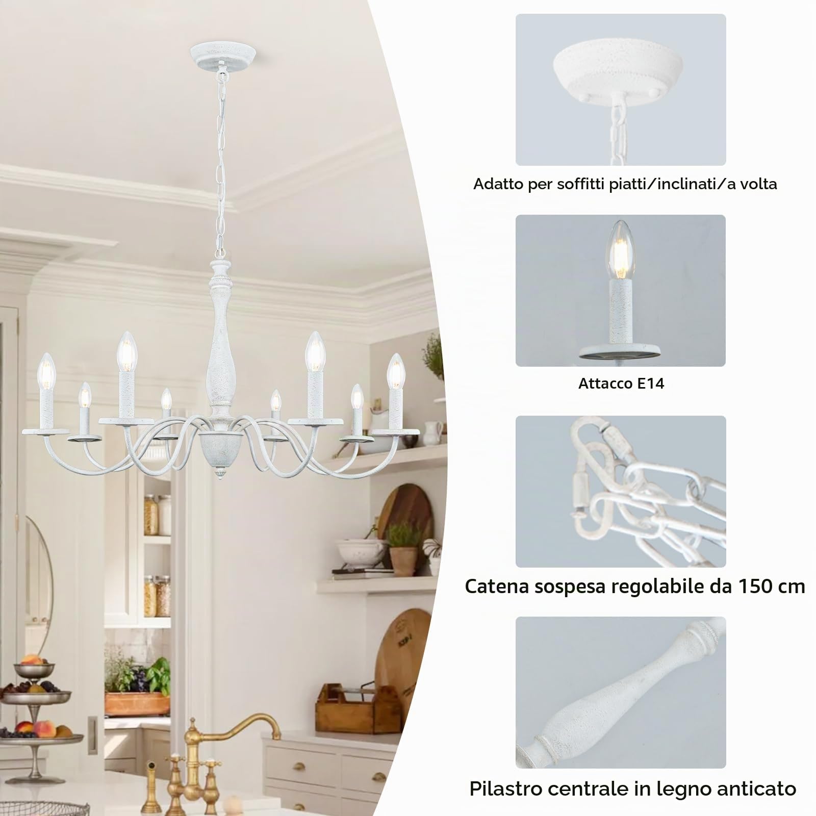 Bianco Lampadario Camera da Letto Classico, 8 Luci Vintage Shabby Chic Lampadario a Sospensione Legno e Ferro, Altezza Regolabile Francese Country Rustico Lampadari Moderni Soggiorno Cucina