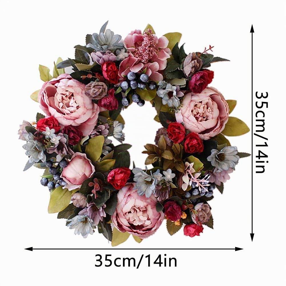 TüRkranz FrüHling,Türkranz Wandkranz, Frühlingskränze, 35cm Sommer Alle Jahreszeiten Blumenkranz, Blume Kranz Pfingstrose Girlande Künstliche Pfingstrose Hängende Blätter Vine Seide Front Tür Wand
