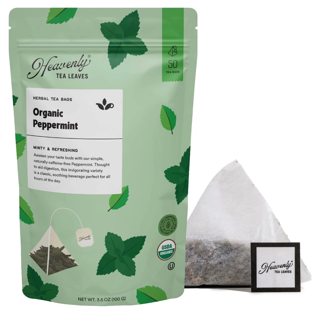 Heavenly Tea Leaves Organic Peppermint (50 Pyramid Tea Bags), Bulk Compostable Herbal Tea Sachets - 100% Plastic Free, Premium Quality, Whole Tea