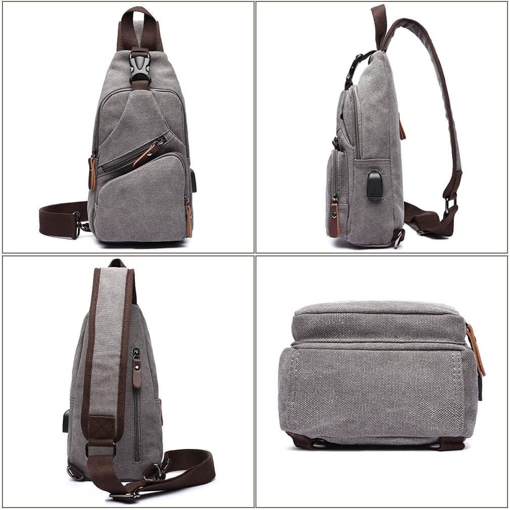 Canvas Sling Bag Crossbody Backpack Shoulder Casual Rucksack for Men Women Outdoor Cycling Hiking Travel Fishing Grey