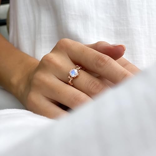 Miniatura 2 de ASANA - Anillo de compromiso único de piedra lunar para mujer, oro rosa de 14 quilates sobre plata de ley, anillo de compromiso único, banda