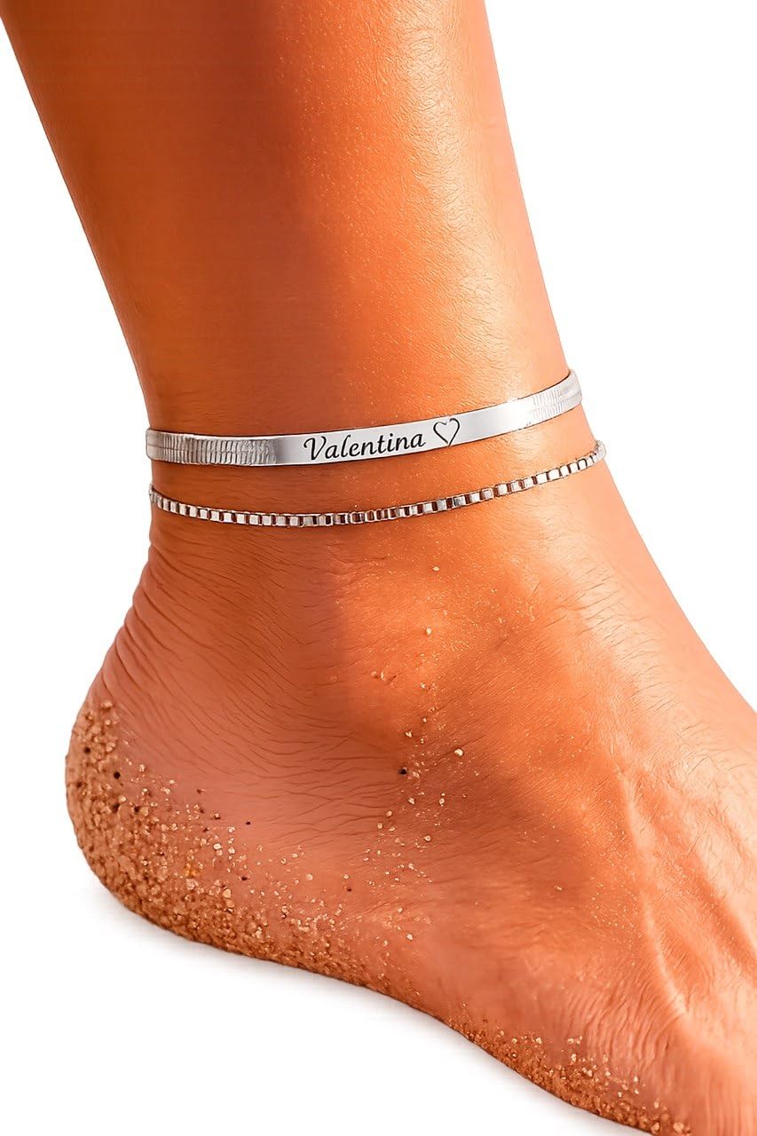 Cavigliera Personalizzata Donna con Incisione Fronte e Retro, Acciaio Inossidabile, Regolabile, Non Annerisce, Idea Regalo per Lei, Oro o Argento