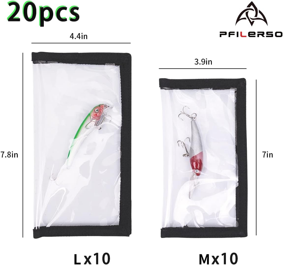 20pcs Fishing Lure Wraps 2 Size Clear See-Through Thickened PVC Fishing Hook Covers Protect Children Pets and Fishermen Safe from Sharp Hook Fishing Bait Storage Organizer 10L+10M