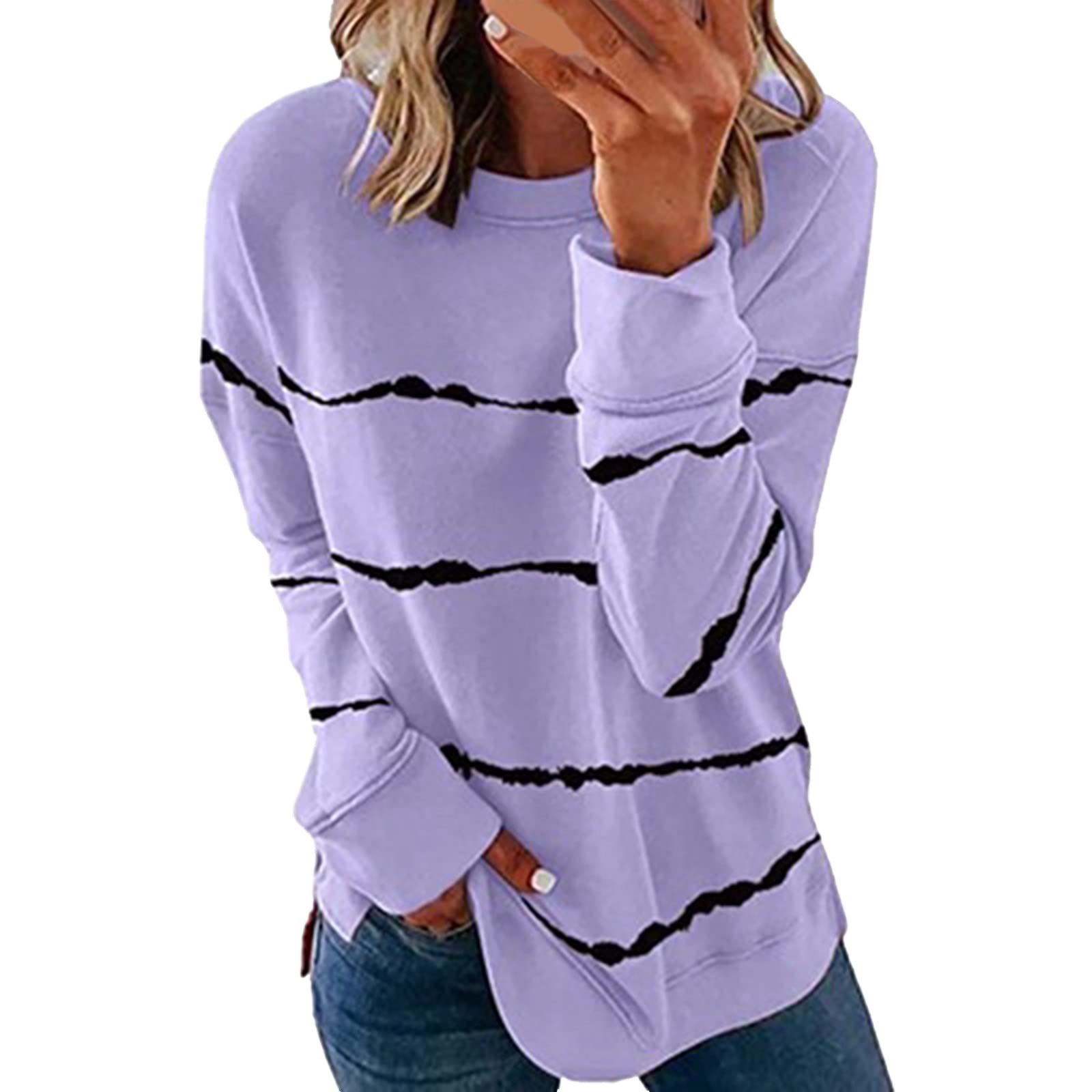 WLHBFLong Sleeve Tops Women UK Oversized Sweatshirt Striped Print Tunic Crew Neck Warm Comfy Blouse Fall Cozy Pullover
