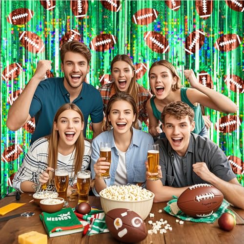 Image of 2 Packs Football Foil Fringe Curtain, Green Glitter Metallic Tinsel Backdrop for Birthday, Baby Shower, Super Bowl, Football Party Decorations Supplies