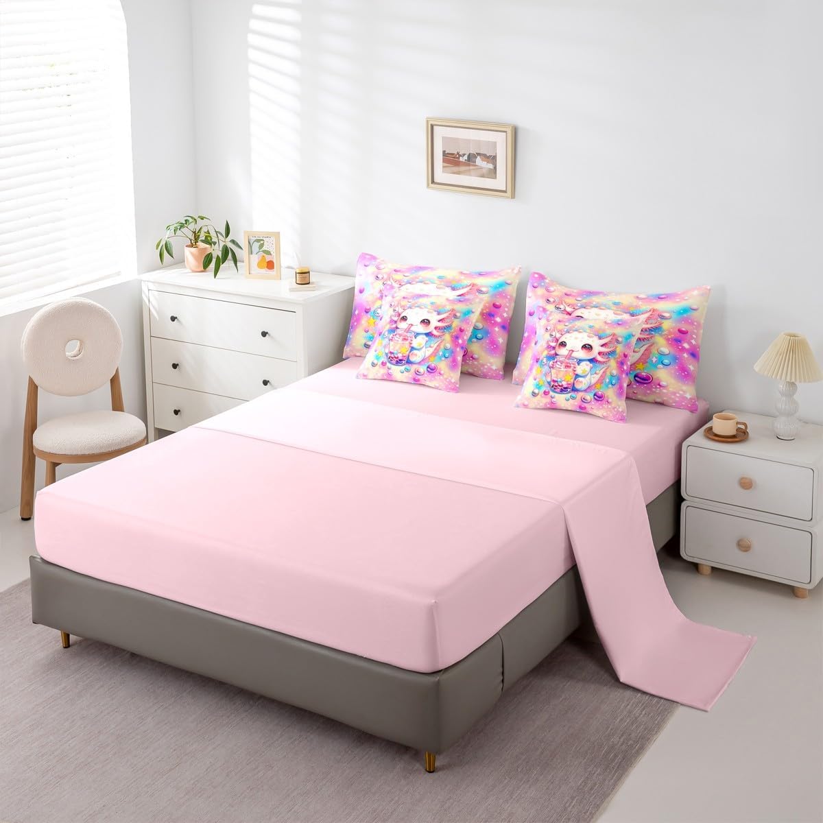 Erosebridal 7 Piece Kawaii Axolotl Bedding Set Kids Girls Pastel Rainbow Ombre Full Comforter Set with Sheets Kawaii Room Decor Cute Cartoon Axolotl Bed in A Bag Ocean Animal Bed Set