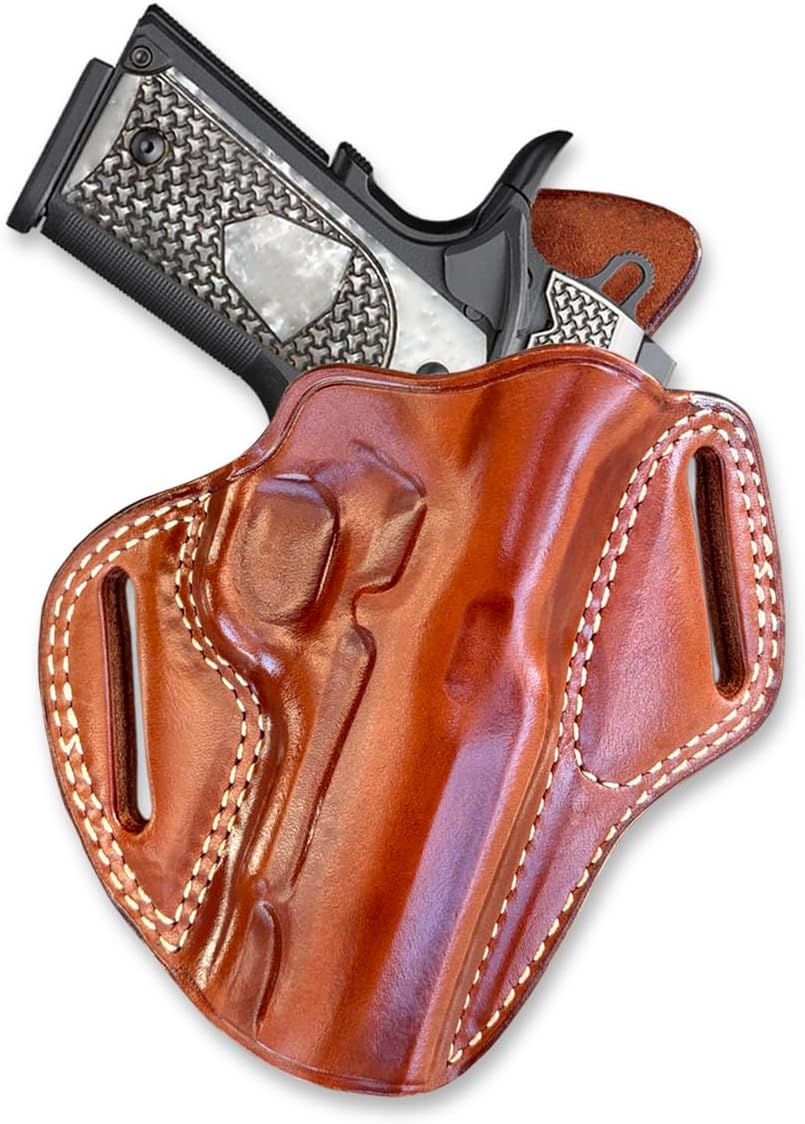 Masc Premium Leather OWB Pancake Holster with Sweat Guard On The Back, Fits Browning 1911-380/22LR Compact Non-Railed Black Label 3.62-inch, Right Hand Draw, Brown Color #1348#