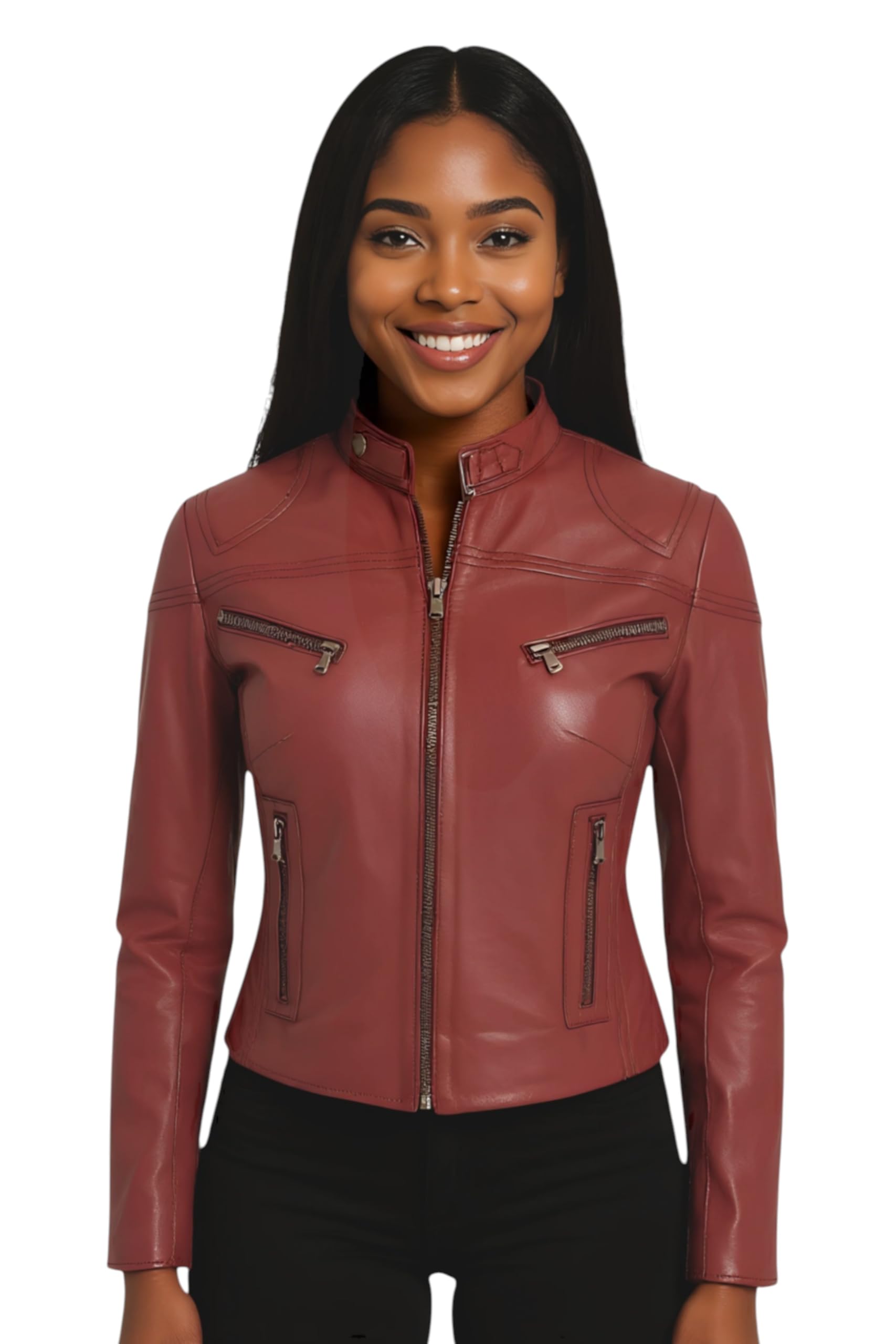 Infinity Leather Women's Burgundy Casual Slim-Fit Leather Biker Jacket-Tulsa In Size 10