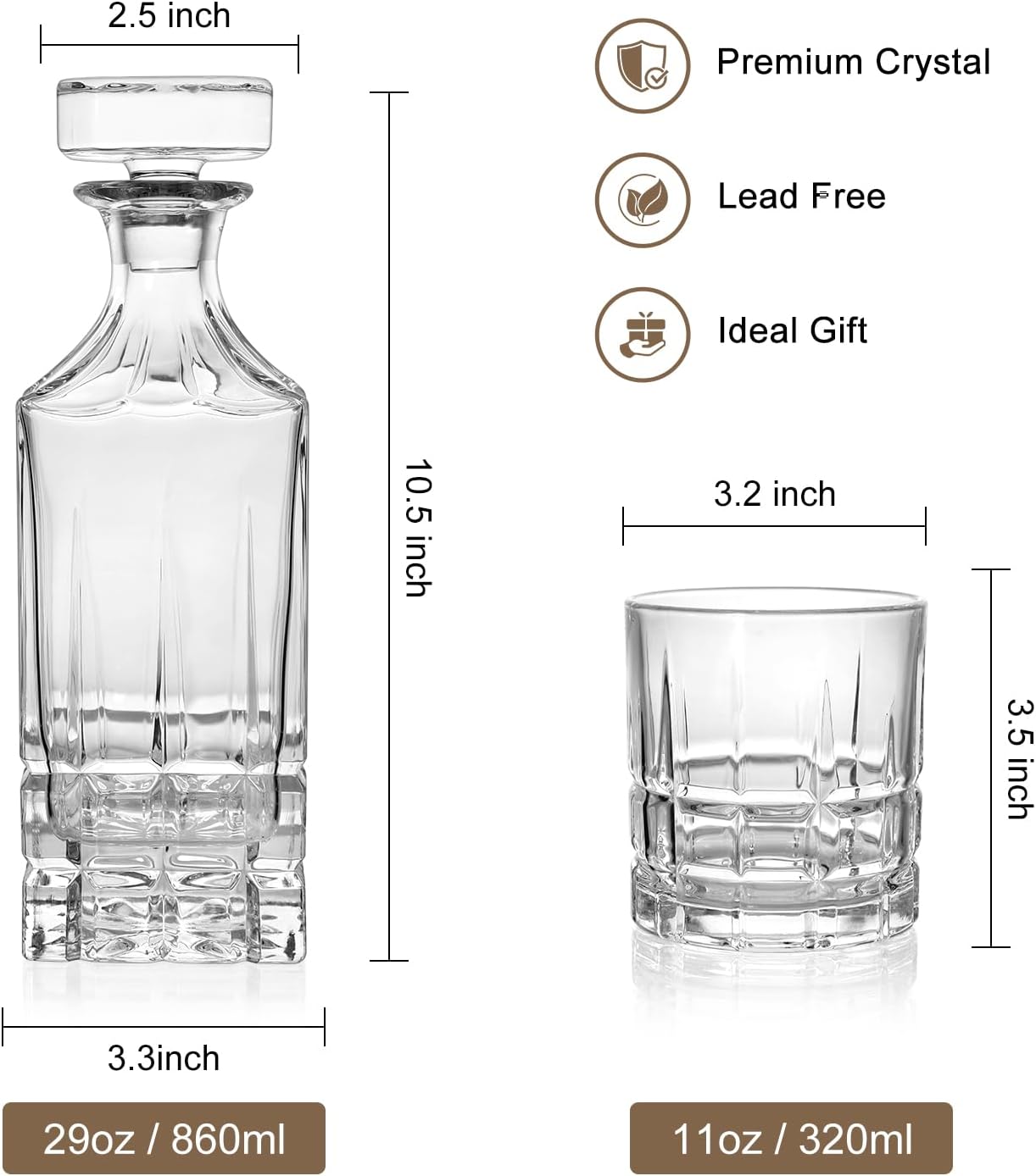 Whiskey Decanter Set with Wooden Box, 29oz Crystal Liquor Decanter with 2 Glasses, Chilling Stones, Coasters and Tong, Whiskey Decanter Sets for Men, Husband, Dad, Boyfriend - Image 3