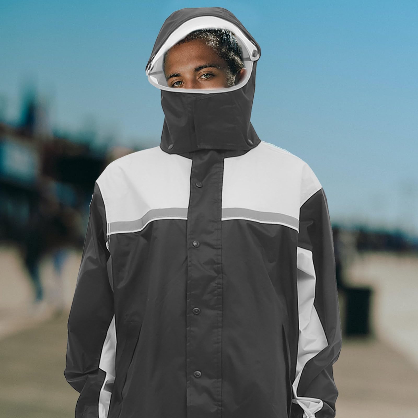 MERRYHAPY Traje de Lluvia Chaqueta y Pantalones Cortaviento y Cómodo Negro Impermeables de PU Adhesivo Hombre para Motocicleta para Conducción al Aire Libre