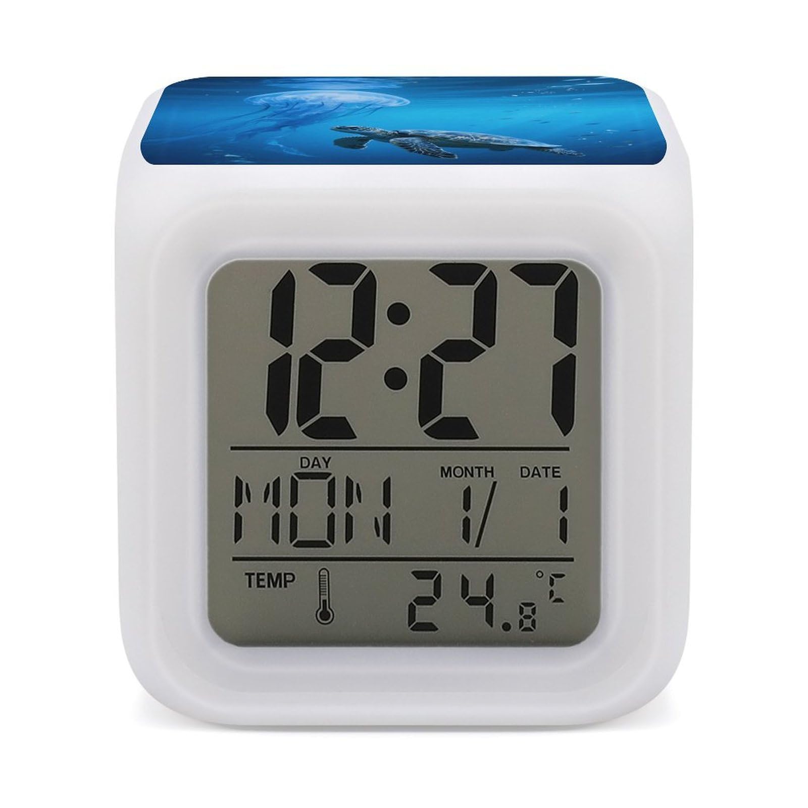 VstaDank Blue Sea Turtle Alarm Clock with Date Temperature Large LED Display Number Clocks with 7 Colors Changing Desk Clock Battery Operated Digital Clocks with Date for Heavy Sleepers