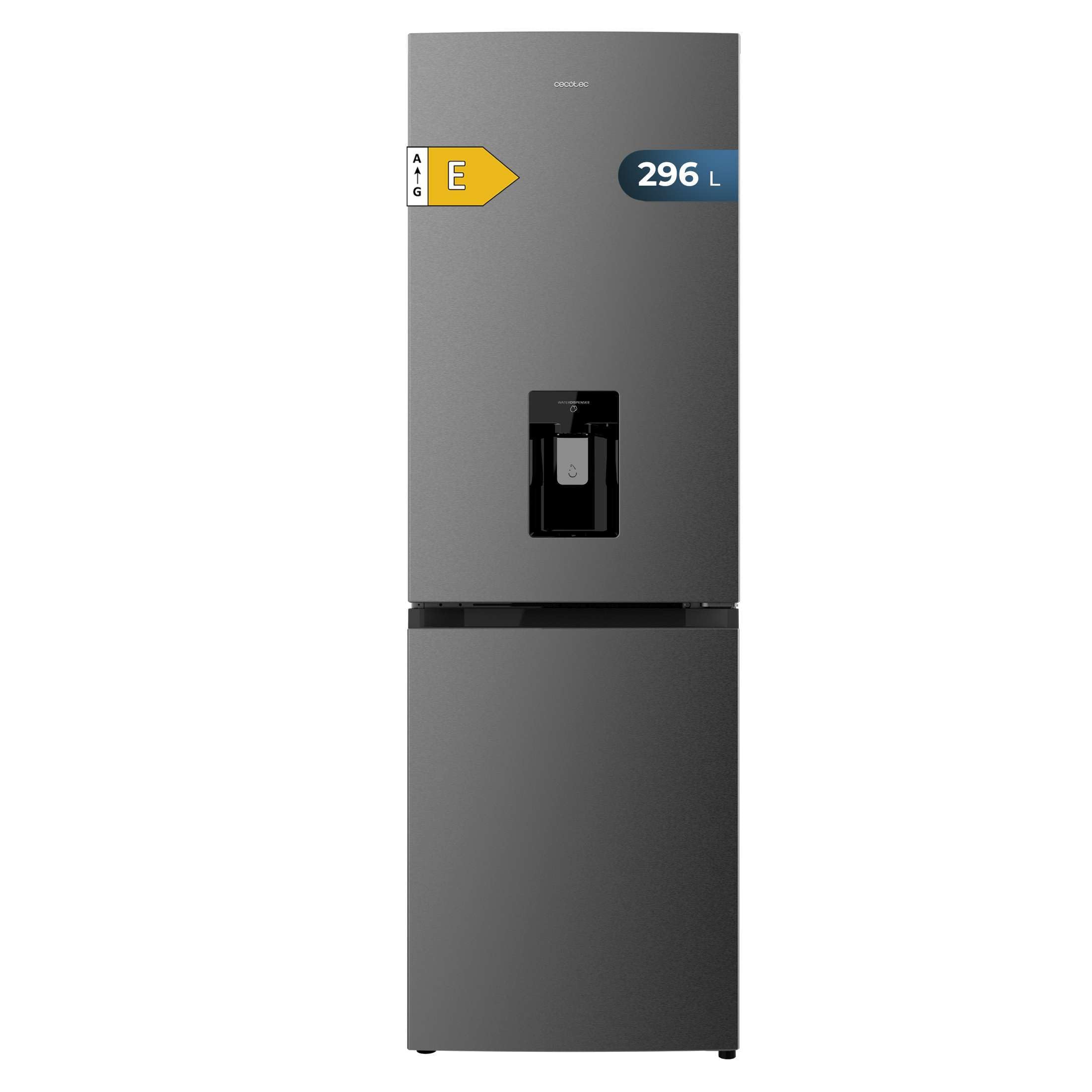 Cecotec Frigorífico Combi 2 Puertas con dispensador de agua Bolero CoolMarket Combi 296 DF WD Dark E. 296L, 60cm de ancho, Funciones FastCooling, FastFreezing y DeFrost, LED interior, Dark Inox