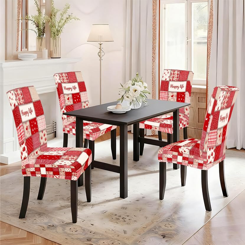Image of Red Patchwork Dining Chair Covers Set of 4, Farmhouse Slipcovers