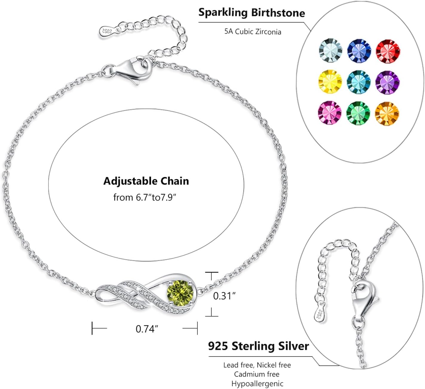 Birthstone Bracelets for Women 925 Sterling Silver Created Gemstone Bracelet Infinity Pendant Jewelry for Her, 6.7"+1.2" - Image 5