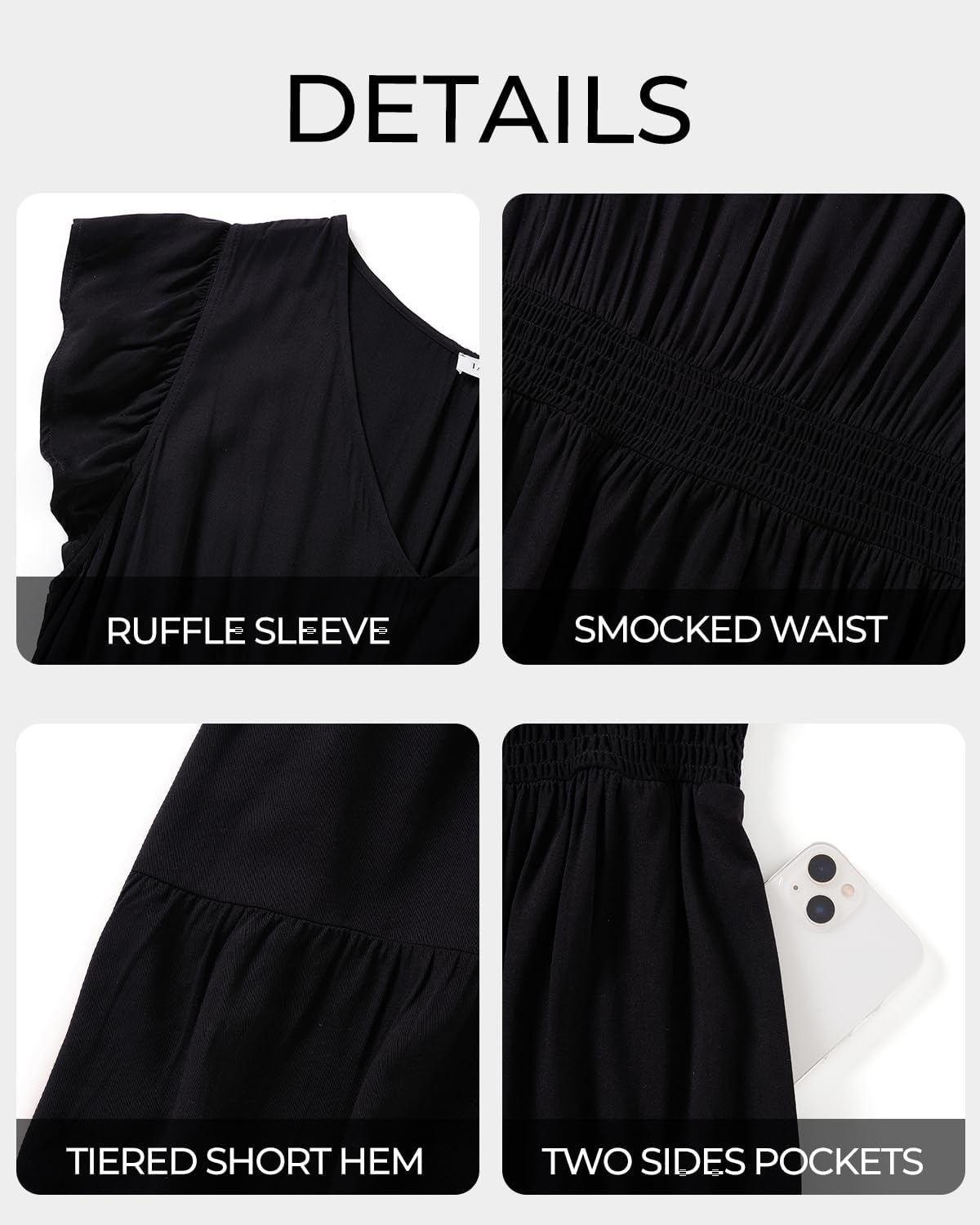 Womens Black Dress Plus Size Summer Casual Boho V Neck Ruffle Sleeve Flowy Short Sundress Pockets Beach - Image 5