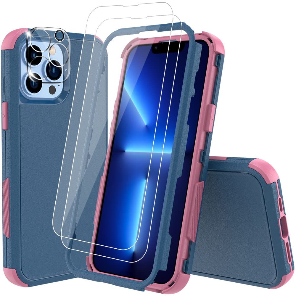 KEWEK Case for iPhone 13 Pro Heavy Duty Shockproof Rugged Dropproof Case,with[Screen Protectors &Camera Lens Protector] Full Body Military Grade Protection Case for iPhone 13 Pro (Navy+Pink)
