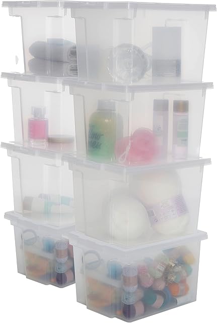 Iris Ohyama, Plastic Storage Boxes with Curved Lid and Clips, 10L, Set of 8, Nestable, Stackable, BPA-Free, Bedroom, Office, Living Room, DDUSB-S, Clear