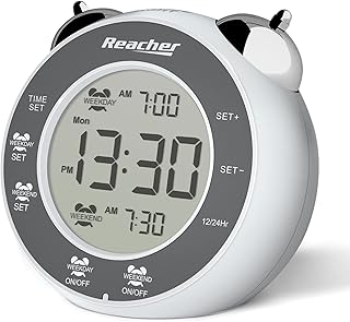 Reacher - Sveglie a batteria a doppio allarme con modalità Weekday/Weekend, Snooze, retroilluminazione, semplice da usare, doppia campana, digitale per camera da letto, colore: bianco