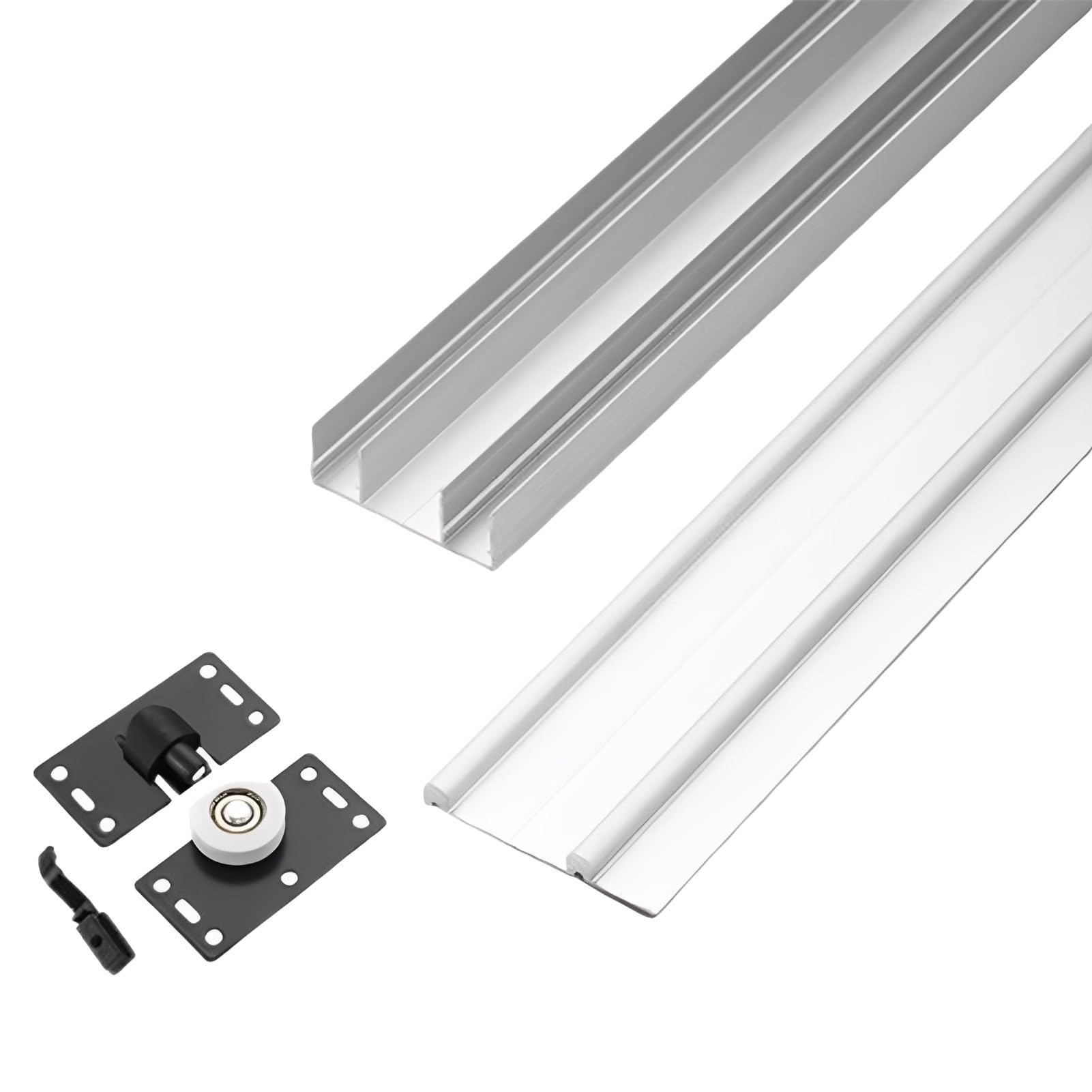 Riel de puerta corredera de aluminio para armario, sistema de 2 rieles con poleas, funcionamiento silencioso y suave, organizador de armario duradero